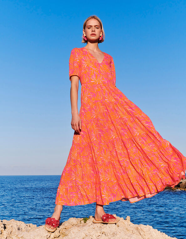 Tiered Leaf Print Maxi Dress , Orange (ORANGE), large