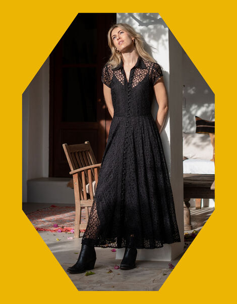 Lyrical Sisters Lace Maxi Shirt Dress, Black (BLACK), large