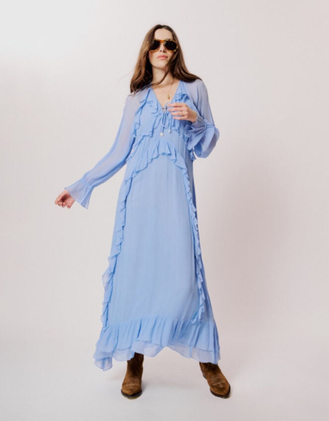 Moliin Long Sleeve Ruffle Maxi Dress, Blue (BLUE), large