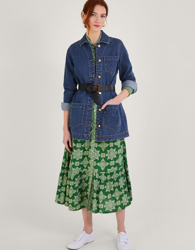 Mindy Longline Denim Jacket with Sustainable Cotton, Blue (DENIM BLUE), large