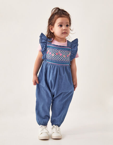 Baby Chambray Embroidered Romper, Blue (BLUE), large