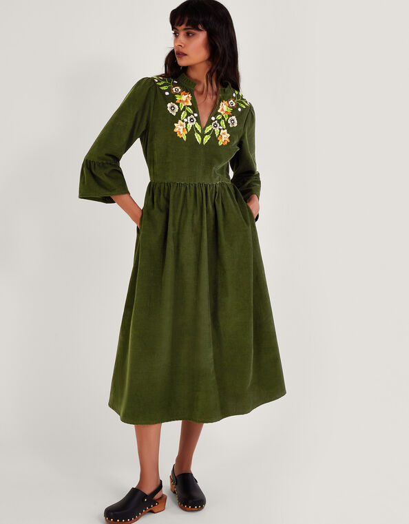 Embroidered Floral Cord Dress, Green (GREEN), large