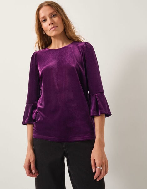 Valerie Velvet Frill Sleeve Top, Red (BERRY), large
