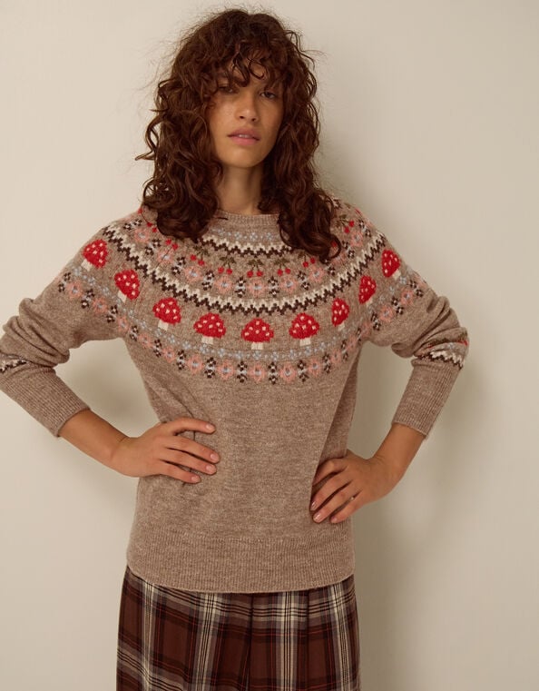 Mia Mushroom Fair Isle Sweater, Mink (MINK), large