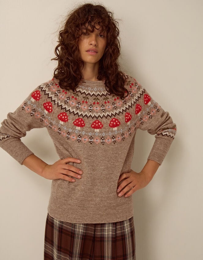 Mia Mushroom Fair Isle Jumper, Mink (MINK), large
