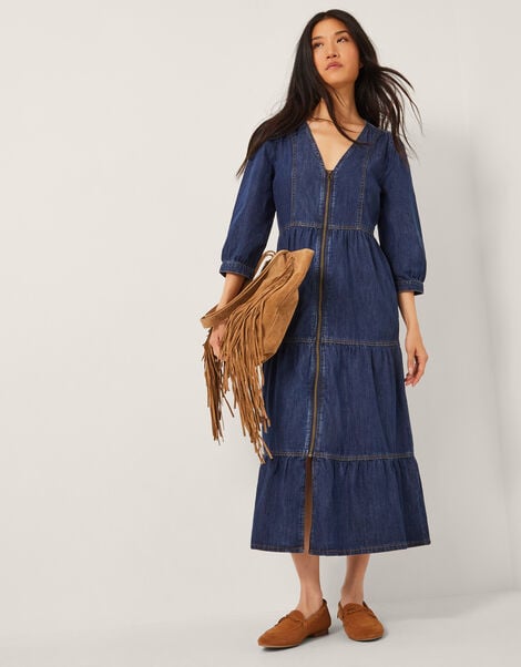 Maya Zip Denim Midi Dress, Blue (INDIGO), large