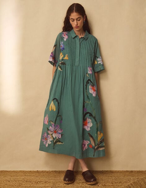 East Rihan Watercolour Floral Midi Shirt Dress, Green (MINT), large
