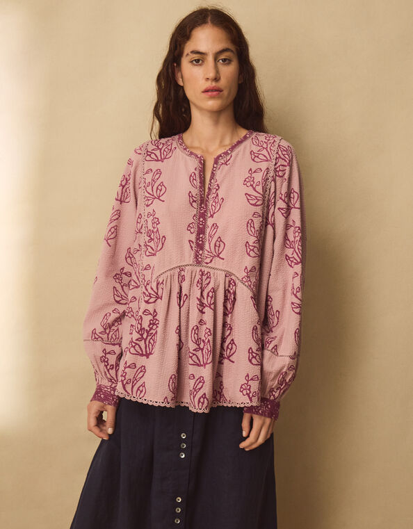 East Reiko Hand-Woodblock Botanical Print Top, Purple (LILAC), large