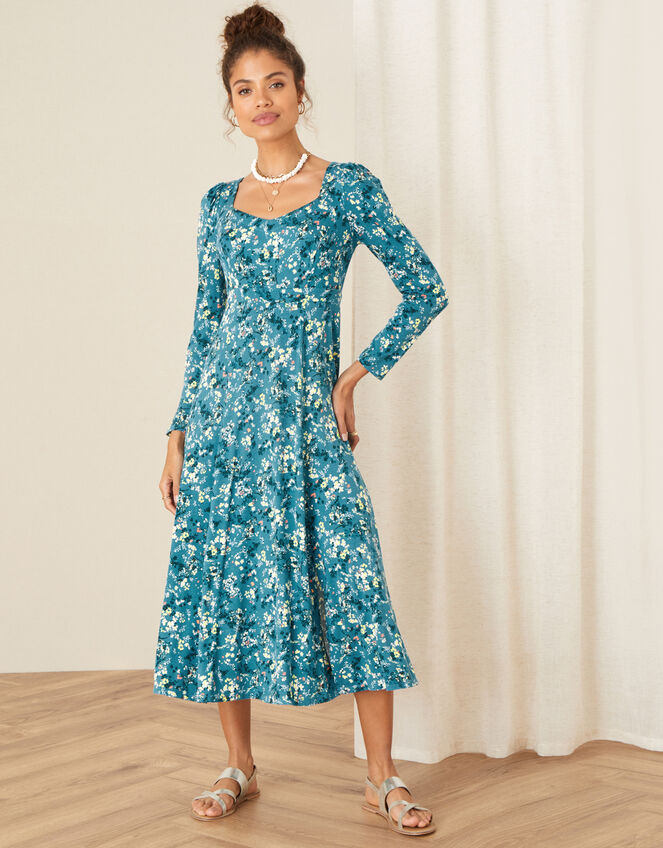 Amanza Ditsy Floral Jersey Dress, Teal (TEAL), large