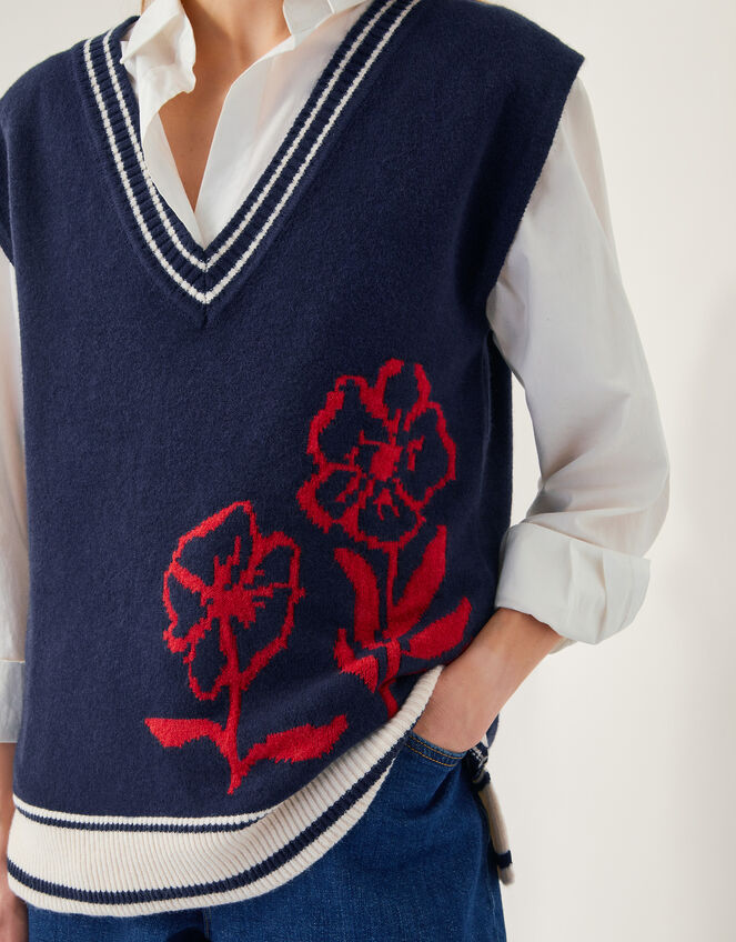 Fay Floral V-Neck Knitted Vest, Blue (NAVY), large