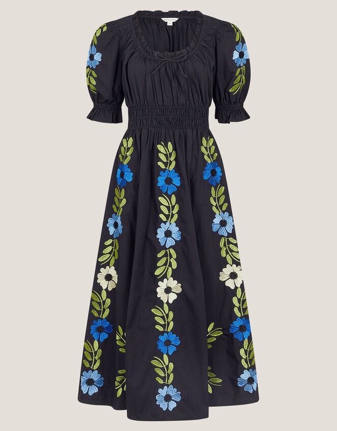 Shona Embroidered Puff-Sleeve Midi Dress, Black (BLACK), large