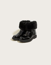 Patent Butterfly Faux Fur Trim Boots, Black (BLACK), large