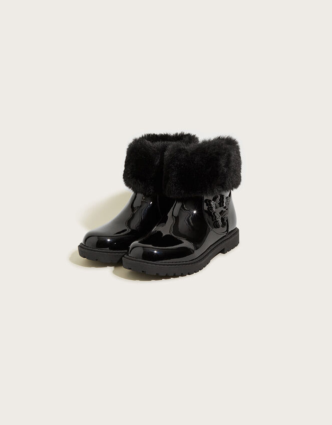 Patent Butterfly Faux Fur Trim Boots, Black (BLACK), large