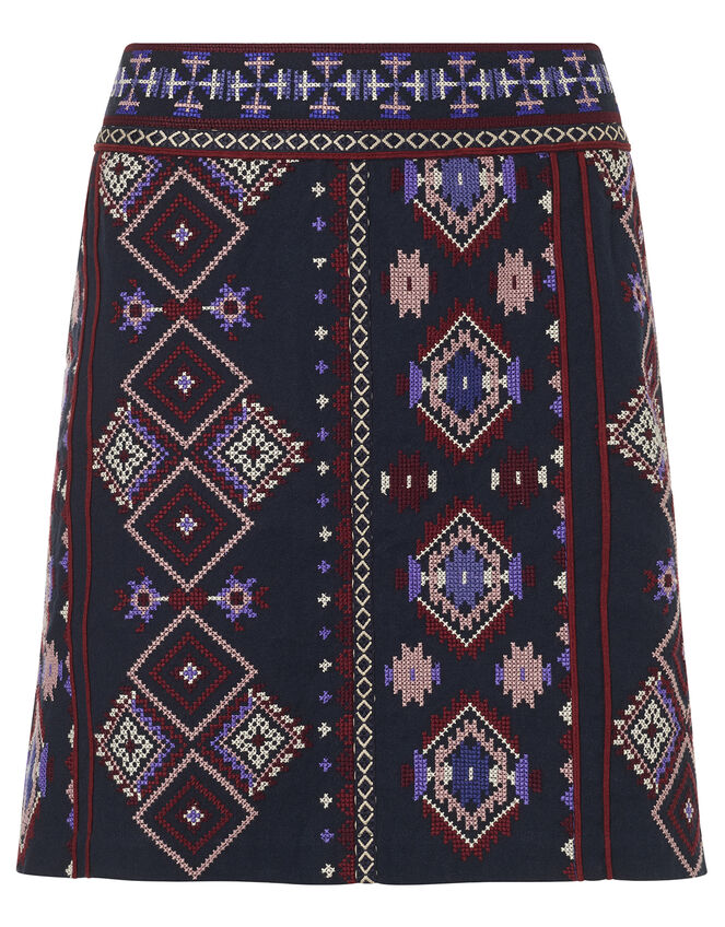 Embroidered Mini Skirt in Organic Cotton , Blue (NAVY), large