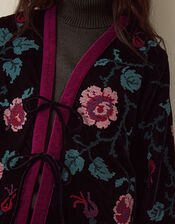 Agnes Floral Cross Stitch Embroidered Velvet Kimono Jacket, Black (BLACK), large