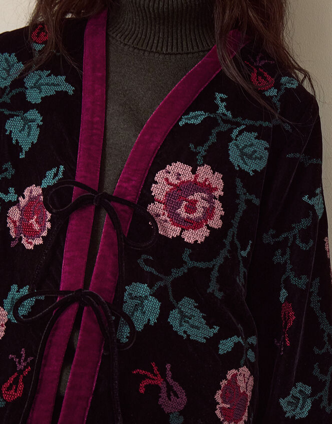 Agnes Floral Cross Stitch Embroidered Velvet Kimono Jacket, Black (BLACK), large