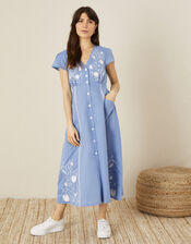 Embroidered Midi Dress in Linen Blend, Blue (BLUE), large