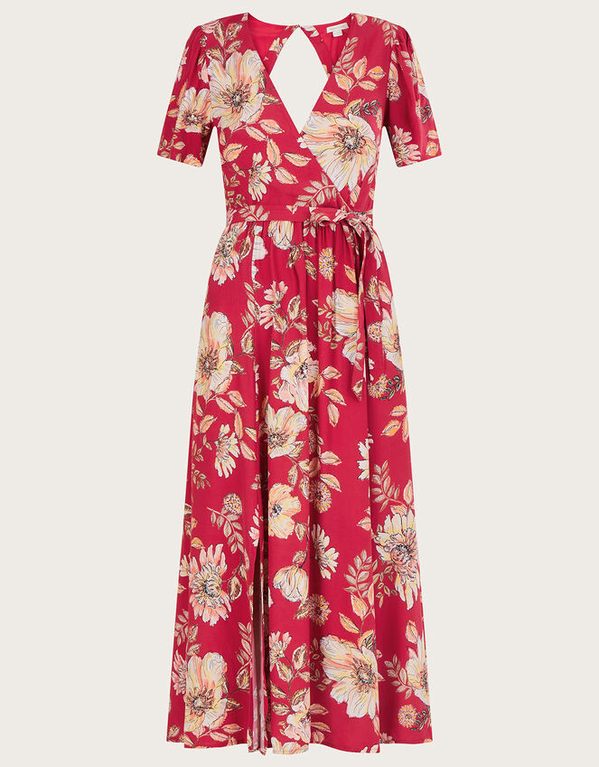 Bex Sequin Floral Wrap Dress in Sustainable Viscose, Red (RED), large
