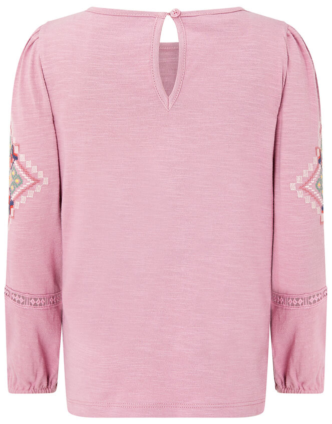 Crochet Insert Long Sleeve Top in Organic Cotton, Pink (DUSKY PINK), large