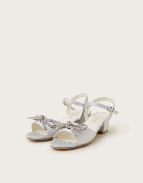 Diamante Bow Satin Heeled Sandals, Silver (SILVER), large