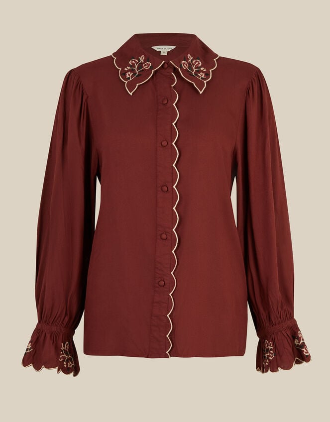 Holly Floral Embroidered Scallop Shirt, Red (BURGUNDY), large