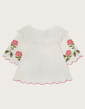 Boutique Short Sleeve Frill Embroidered Top, Ivory (IVORY), large
