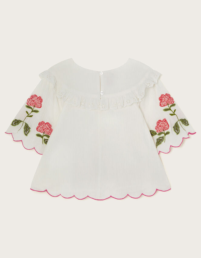Boutique Short Sleeve Frill Embroidered Top, Ivory (IVORY), large
