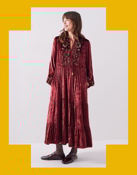 East Brogan Sequin Velvet Tiered Maxi Dress, Red (BERRY), large