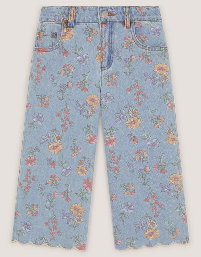 Floral Scallop Trim Jeans, Blue (BLUE), large