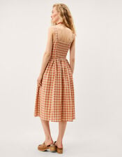 Hattie Sleeveless Gingham Midi Dress, Orange (CORAL), large