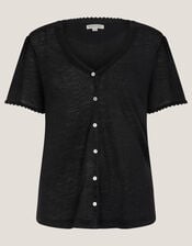 Imogen Button-Front Linen T-Shirt, Black (BLACK), large