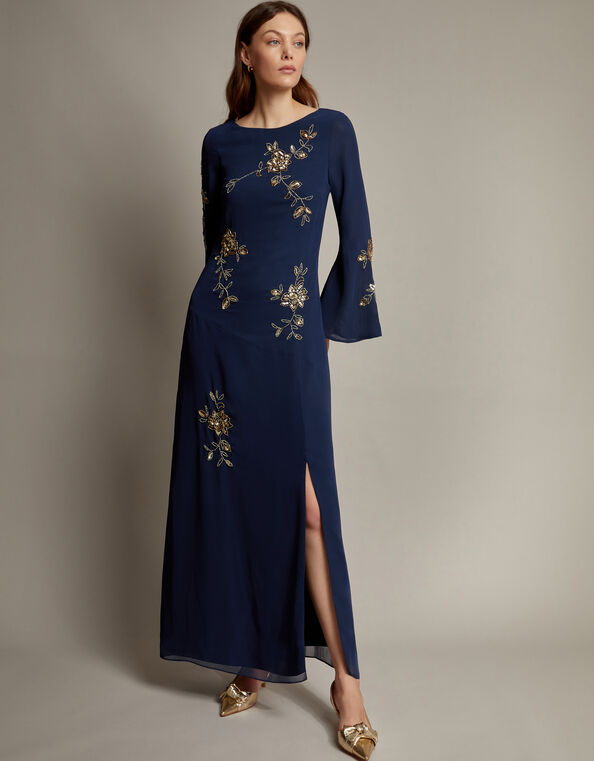 Sarah Flute Sleeve Floral Sequin Maxi Dress, Blue (MIDNIGHT), large