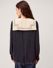 Ivy Embroidered Collar Polka Dot Blouse, Blue (NAVY), large