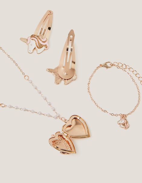 Unicorn Heart Locket Necklace & Hair Clips Set, , large