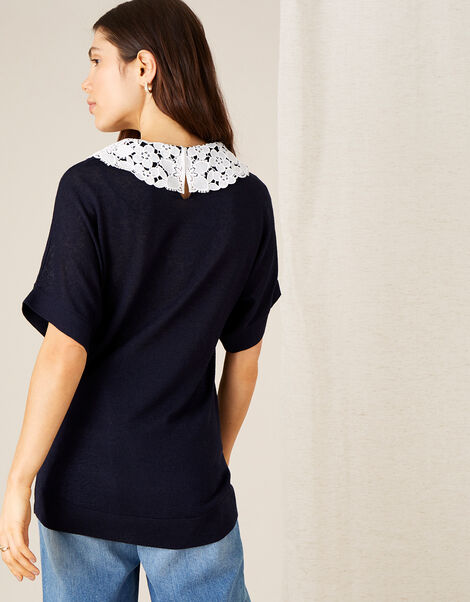 Short Sleeve Collar Jumper in Linen Blend Blue, Blue (NAVY), large