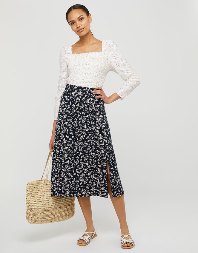 Natty Ditsy Floral Midi Skirt, Blue (NAVY), large
