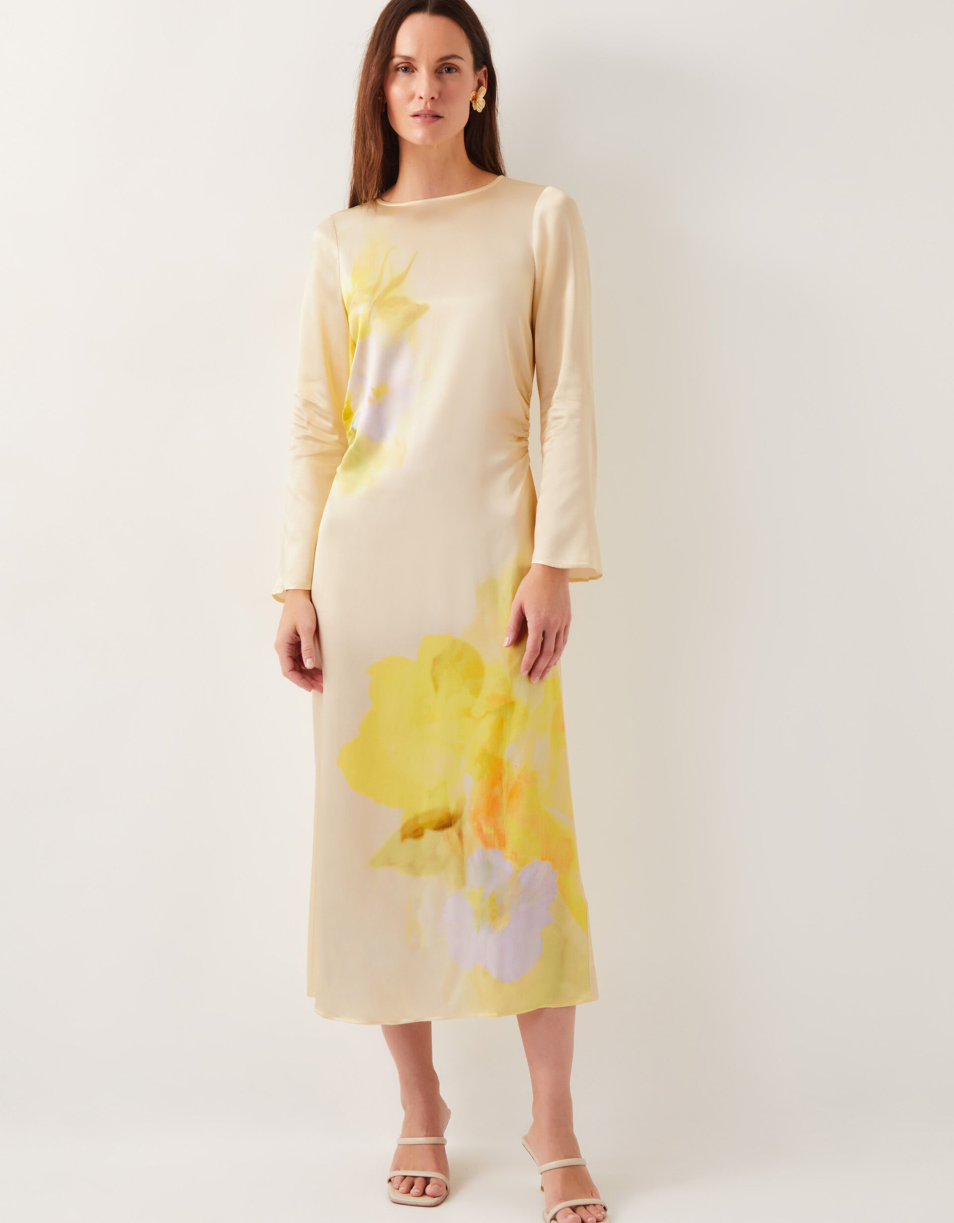 Elegant Floral Strap Midi Dress  Soft Pastel Yellow