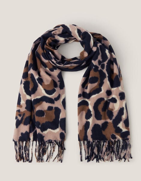 Elyse Animal Print Tassel Scarf, Black (BLACK), large