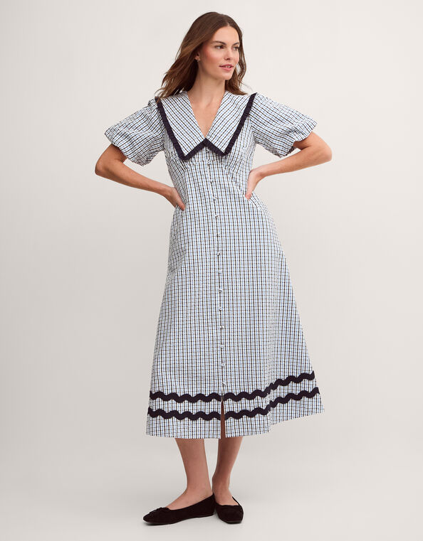 Riley Puff Sleeve Check Print Midi Dress, Blue (BLUE), large