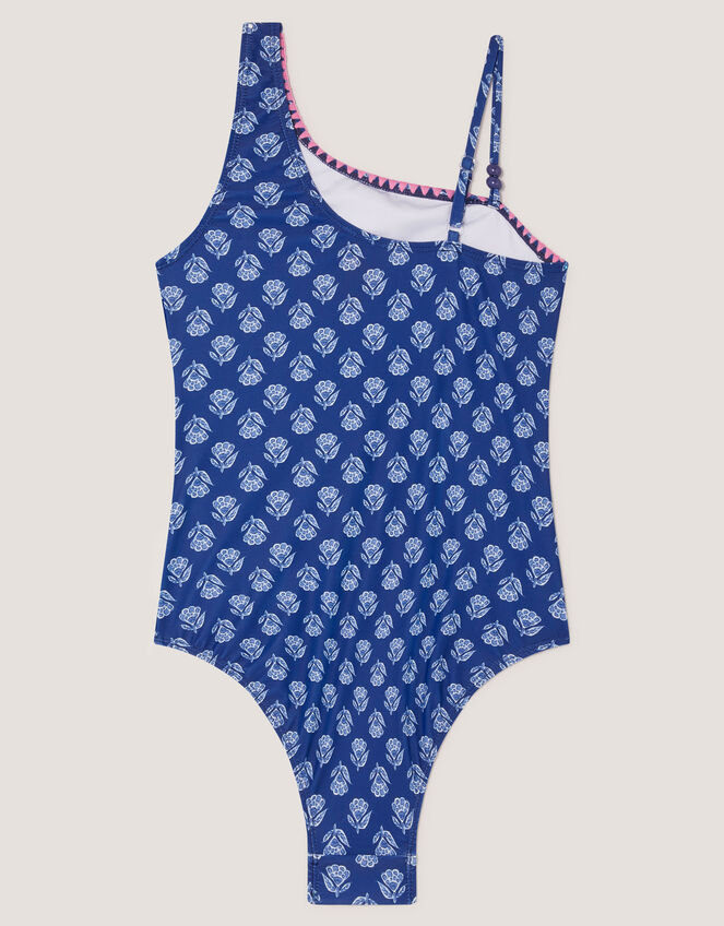 One Shoulder Block Print Swimsuit, Blue (NAVY), large