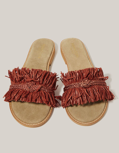 Rhia Leather Raffia Slide Sandals, Orange (RUST), large