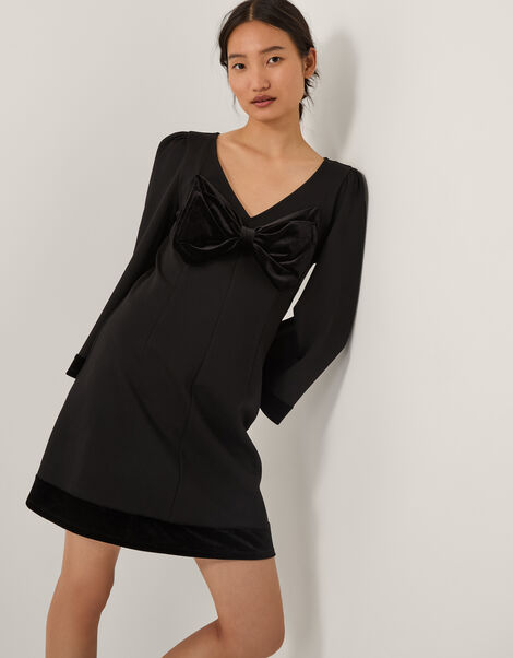 Blair Velvet Bow Long Sleeve Mini Dress, Black (BLACK), large