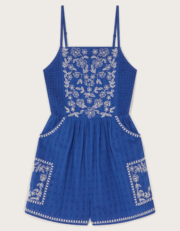 Floral Embroidered Strappy Playsuit, Blue (BLUE), large