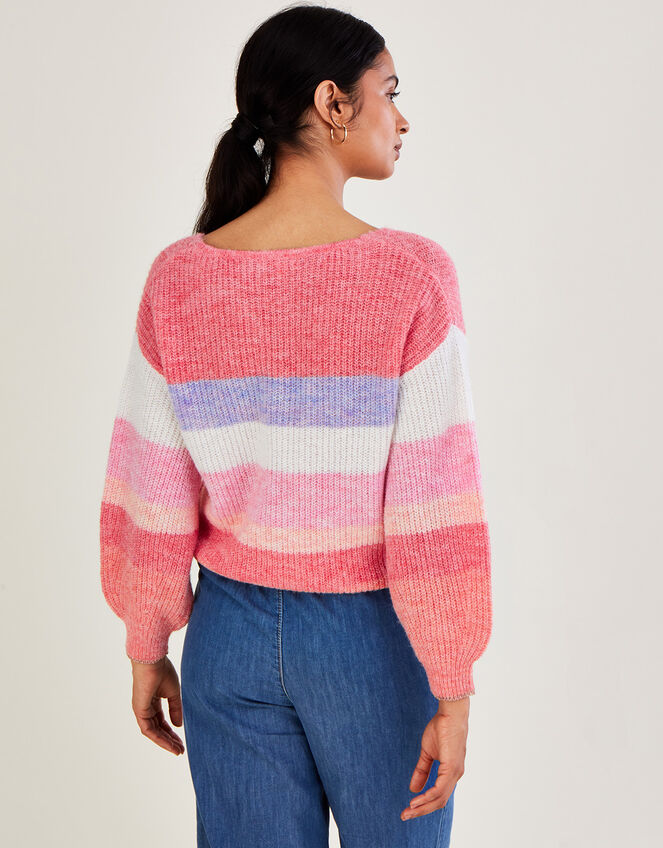 Stripe V Neck Jumper with Recycled Polyester, Orange (PEACH), large