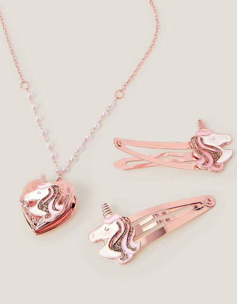 Unicorn Heart Locket Necklace & Hair Clips Set, , large