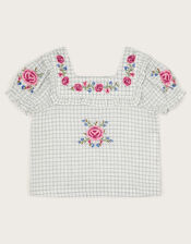 Floral Embroidered Check Blouse, Ivory (IVORY), large