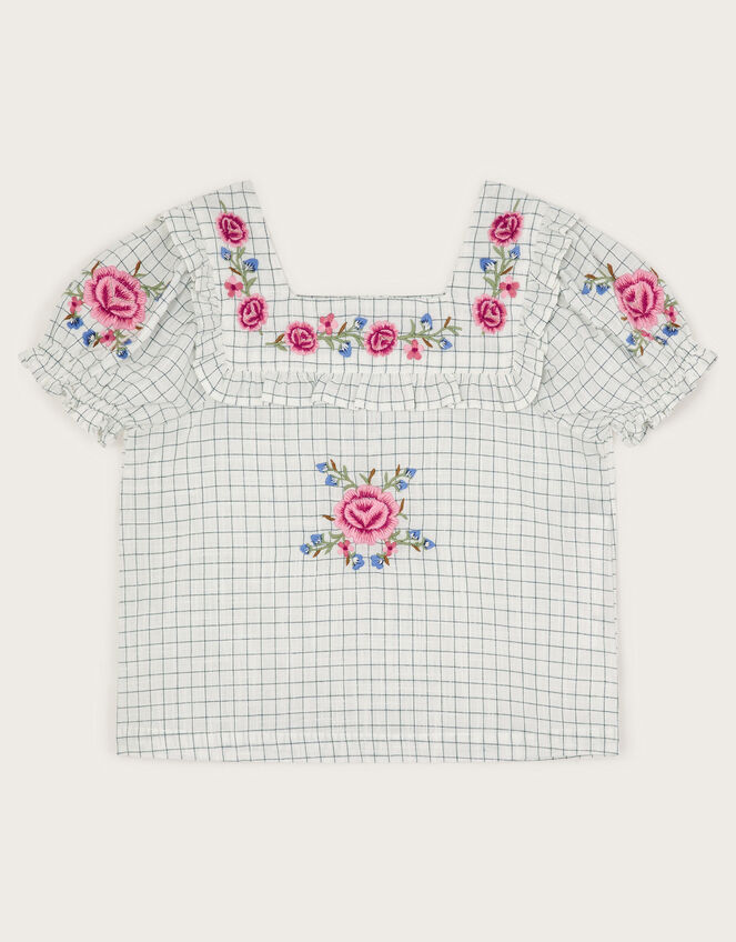 Floral Embroidered Check Blouse, Ivory (IVORY), large