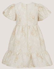 Josephine Puff Sleeve Jacquard Party Dress, Gold (GOLD), large