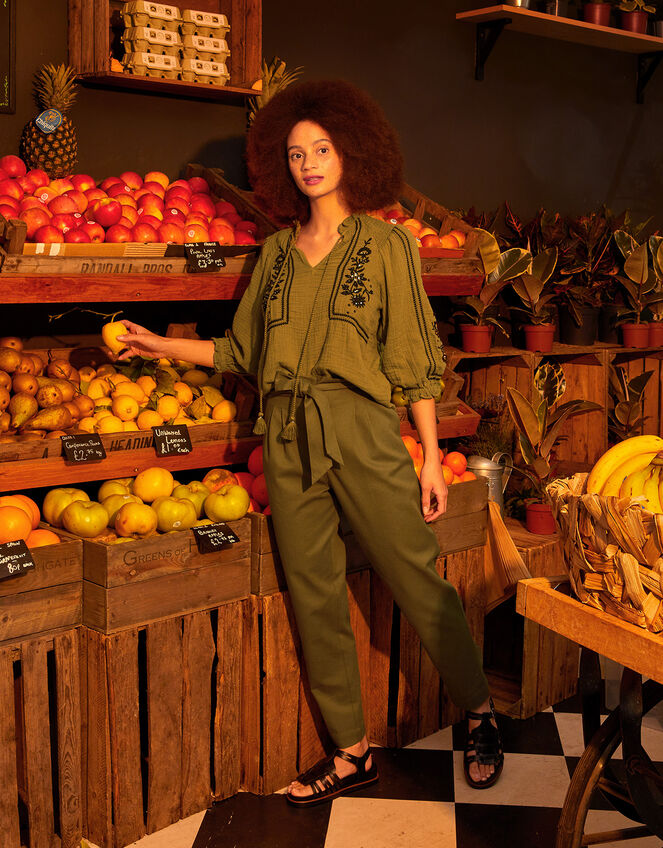 Paper Bag Belted Cargo Trousers in Sustainable Cotton, Green (KHAKI), large