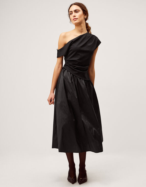  Tilly Asymmetrical Shoulder Midi Dress, Black (BLACK), large